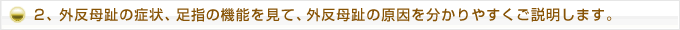２、外反母趾の症状、足指の機能を見て、外反母趾の原因を分かりやすくご説明します。